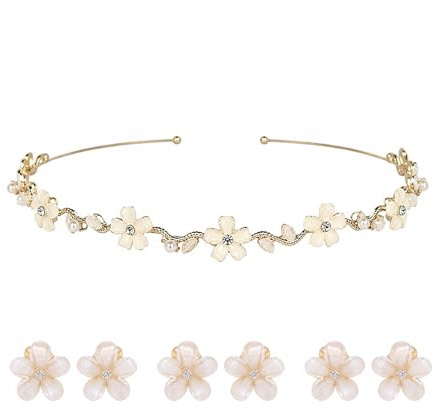 ARYIMYDP 1 Stück Weißer Blumen-Haarschmuck und 6 Stück Haarspangen mit Weißen Blüten, Mädchen Haarreif Blumen, Kopfschmuck für Braut Hochzeit, Geeignet für Hochzeiten, Feiern und Partys