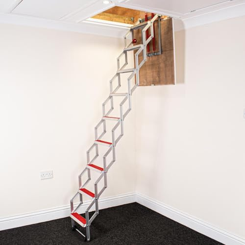 BPS Access Solutions Unique 3.66m (12') (13 Tread) Concertina Loft Ladder - Superb compact design with Rubber Coated Non Slip Treads