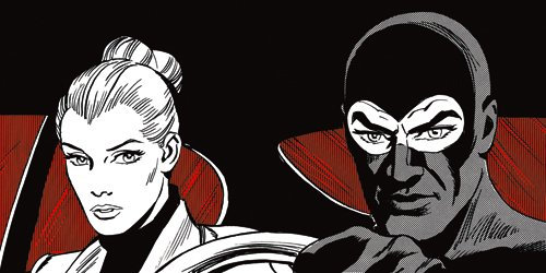 Kunstdruck, Poster In Fuga (Diabolik & Eva) von Astorina, 100 x 50cm, Kunst, Kuenstler, Bild, Poster, Modern, Grafik, Comic, Mann, Frau, Gesicht, Maske, hochwertige Ware - Art Galerie Shop