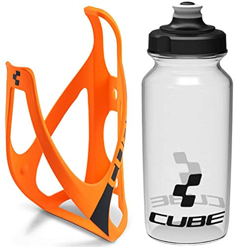 Cube HPP Cage - Matt Orange/Black & Icon Bottle - Clear, 750ml / Water Drink Flask Vessel Bidon Holder Mount Bracket Kit Lightweight Plastic Drinking Hydration Biking Bike Riding Frame Accessories