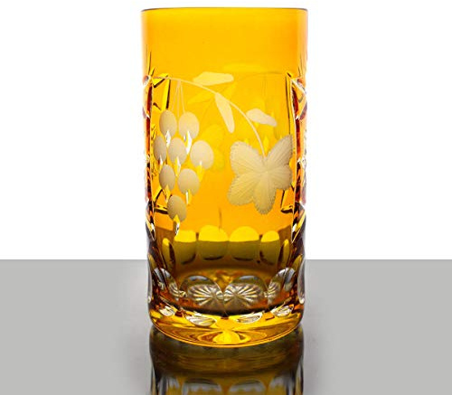 Longdrinkglas Traube Weinrebe 340ml Trinkbecher Bleikristall geschliffen gelb