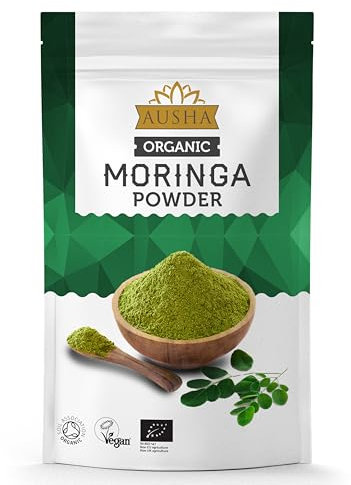 Ausha Organic Moringa Powder 100 g - UK Certified Organic by Soil Association - Oleifera Leaf - Source of Protein, Amino Acids, Antioxidants, Dietary Fibre, Vitamins & Minerals