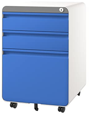Dripex Caisson de Bureau à Roulette 3 Tiroirs, Meuble Dossier Suspendu, Caisson Métal Verrouillable 40 x 45 x 60 cm - Bleu Mate