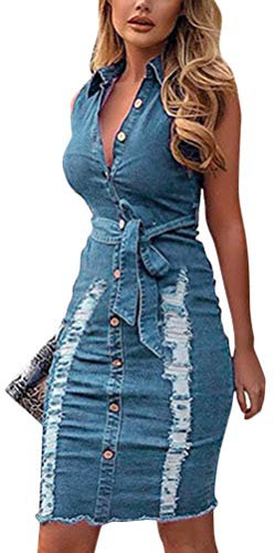 Onsoyours Donne Senza Maniche Casual Tunica Vestito Denim con Button Camicia Vestito Salopette di Jeans Donna Casual Gonna Corta Vestito B Blu 46