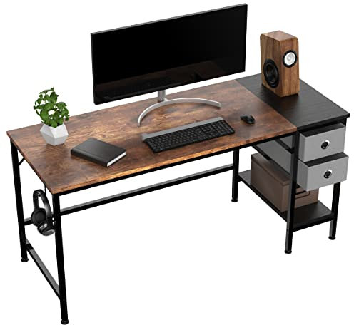 HOMIDEC Computer Desk, Office Work Writing Desk with drawer and Headphone Hook for Student and Worker, Laptop Table with Shelves, Modern Style Desks for Bedroom, Home, Office(140x50x75cm)