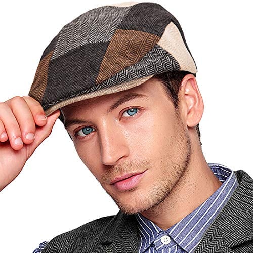 Herren Ivy Gatsby Newsboy Cap – Klassische Wollmischung Tweed Flat Cap Cabbie Hat Herren, Patchwork 01 mit khakifarbener Krempe, S/M
