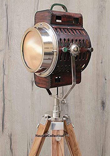 1960's Hollywood Movie Set - Industrial Tripod Floor Lamp - Teak Brown - Hotel Lobby - Restaurant - Floor Lamp for Living Room Bedroom, Vintage Spotlight Reading Lamp