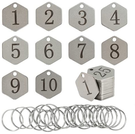 StayMax Edelstahl-Nummernschilder (1-25), sechseckig, zum Prägen, blanko, 16mm, 25 Stück