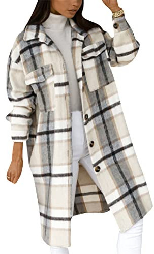 EFOFEI Damen Holzfäller Trenchcoat Long Plaid Coat Tartan Wintermantel Winter Long Jacket Classic Long Plaid Shirt Apricot XL