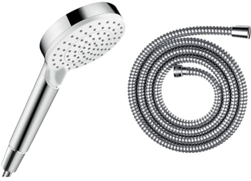 hansgrohe Crometta - Pommeau de douche 2 types de jet, Douchette à main ronde (diamètre 100 mm), Blanc/chromé & Metaflex Flexible de douche 160 cm, chromé, 28266000