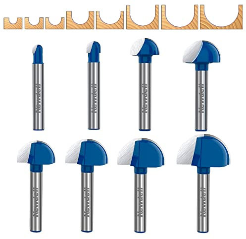Cove Box Router Bit Set ,Newdeli 8Pcs 1/4 Inch Shank Round Nose Router Bit-1/4 5/16 3/8 1/2 5/8 3/4 7/8 1 Cutting Diameter, Solid Carbide Double Flute Cove Box Round Nose Woodworking Tool