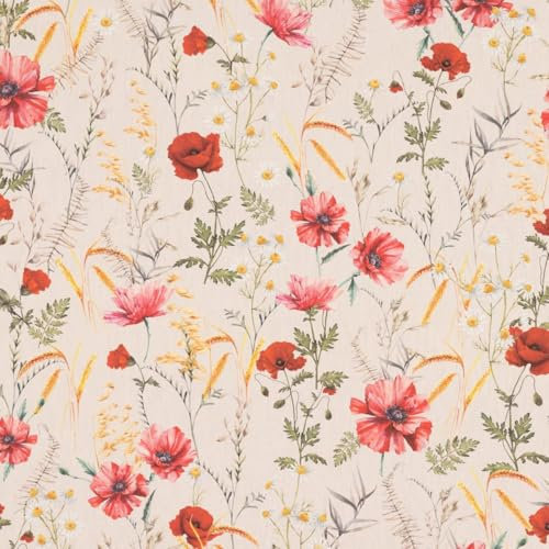 SCHÖNER LEBEN. Dekostoff Baumwolle Poppy Mohnblumen Kamille Getreide beige rot 1,40m
