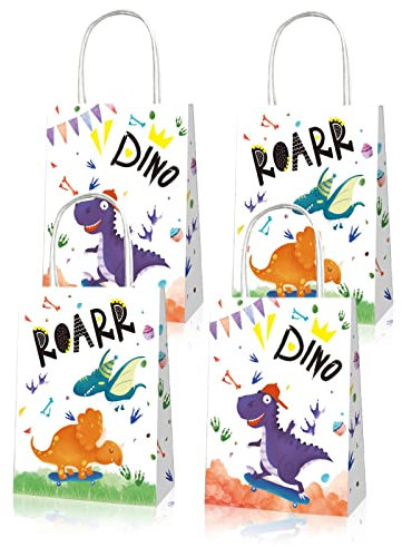 Mooshy 8 Stück Geschenktüte Geburtstag Dinosaurier Papiertüten Eingedickte Dinosaurier Party Taschen mit Griff Bunt Candy Papier Tüten für Kindergeburtstag Halloween, Weihnachten Tüten