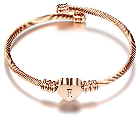 LSxAB Women Rose Gold Initial E Letter Cuff Bracelet Heart Capital Name Alphabet Bangle Wristband Bracelets Expandable