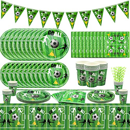 Suministros para Fiestas de Fútbol, para 20 Invitados, Platos de Papel, Mantel de Fútbol, Bandera, Servilletas, Vasos, para Cumpleaños Infantiles, Decoraciones para Fiestas de Fútbol.