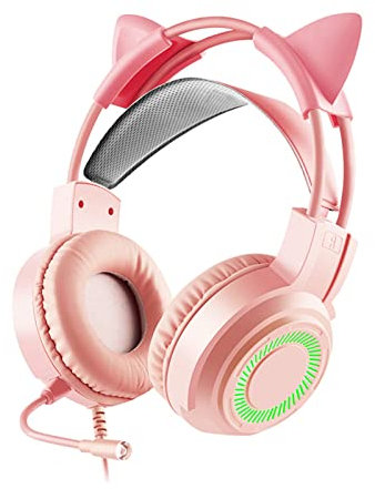 Fiauli G60 Casque de jeu filaire avec micro - Réduction du bruit - 3,5 mm - 7.1 - Réglable - Avec lumières colorées - Oreilles de chat - Rose