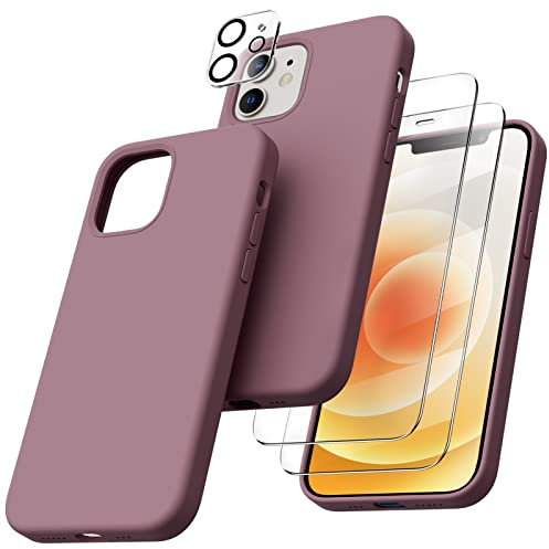 ORNARTO 5-in-1 für iPhone 12/12 Pro 6,1 Silikon Case mit 2 x Schutzfolie + 2 x Kameraschutz, Hülle Ultra Dünne Flüssig Silikon Handyhülle Schutz für iPhone 12 Pro/iPhone 12(2020) 6,1 Zoll Lila Flieder