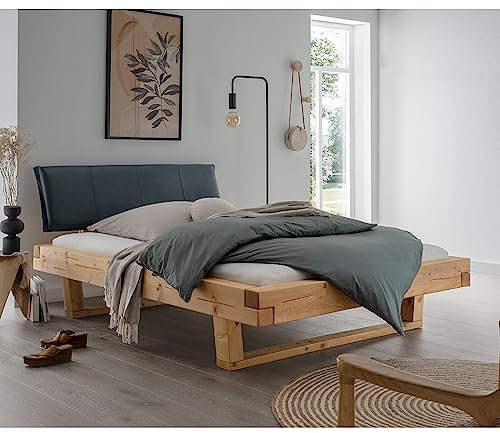 Lomadox Doppelbett Ehebett Bett Echtholz Massivholz, 160x200 cm, Fichte massiv, schwarzes Echtleder-Kopfteil, Massivholzkufen, B/H/T ca. 178/88/228 cm