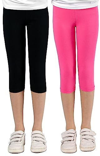 Capri Leggings Mädchen - 3/4 Hose, bequem, elastisch, vielseitig kombinierbar - Farben: Blau, Schwarz, Pink, Weiß, Größen: 92-176 (164, 2er-Pack Schwarz/Pink)