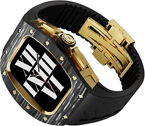 EZZON Lunette en fibre de carbone avec boîtier en titane + bracelet de montre en caoutchouc fluorescent, pour Apple Watch Series 8 7 45 mm, kit de modification de luxe femme/homme, pour iWatch SE 6 5