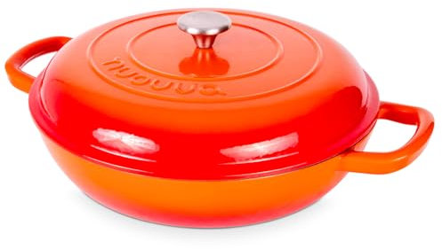 Shallow Cast Iron Casserole with Lid – Non Stick Dutch Oven Pot, Oven Safe up to 500° F – Sturdy Ovenproof Stockpot Cookware – Enamelled Cooking Pot – Orange, 5-Quart, 32cm – by Nuovva