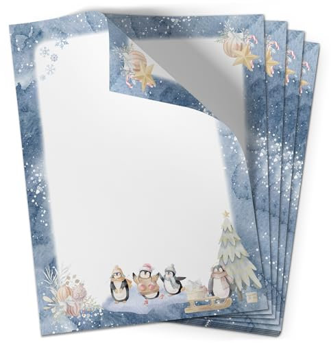50 Blatt Briefpapier (A4) | Aquarell Pinguine Blau | Weihnachten Weihnachtspapier | edles Design Papier | beidseitig bedruckt | Bastelpapier | 90 g/m²