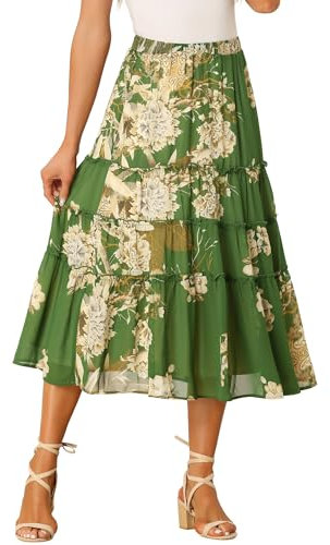 Allegra K Damen Blumenröcke Chiffon A-Linie Lang Gestuft Rüschen Boho Midi Rock XS-3XL, dunkelgrün, Klein