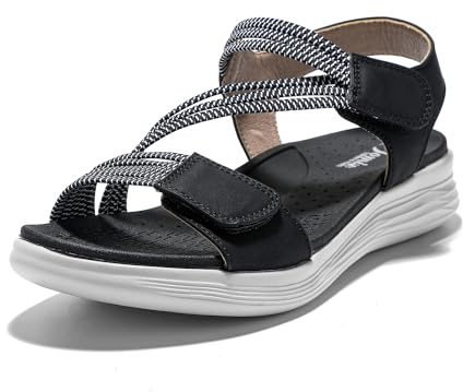 JOMIX Sandalias Mujer Verano con Cordón Elástico Sandalias Planas Mujer con Banda Ajustable Plantilla Ortopédica Playa Piscina Mar, Negro, 37 EU