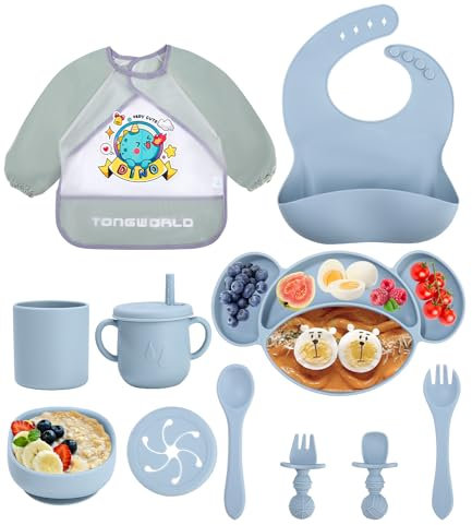 Jissta Silicone Set de vaisselle pour bébé,Assiette bébé,Set de 11 assiettes pour enfants avec ventouse,Bavoir bébé étanche,Assiette silicone antidérapante BPA free (Bleu)