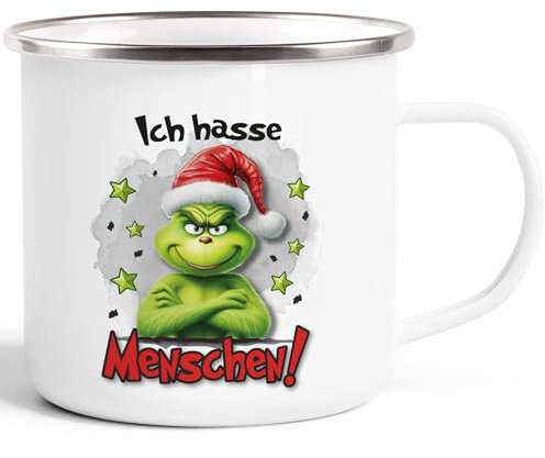 Moonworks® Emaille-Tasse Grinch Geschenk für Weihnachtsmuffel Ich hasse Menschen Emaillebecher Weihnachtstasse lustig Ich hasse Menschen emaille-weiß-silber standard