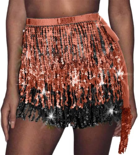 Damen Rock Pailletten Quasten Rock Bauchtanz Kostüm Bauchtanz Mini Rock für Damen Fransenrock Rock für Hüftschal Club Kostüm Festival Outfit Wrap Fransen Röcke für Frauen Mädchen (X1-Orange, One Size)