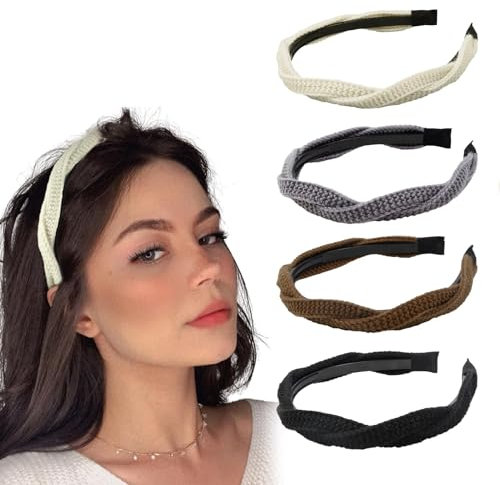 Irikdescia 4 Stück Stirnbänder, Geflochtenes Haarreif Gestricktes Haarband, Modisches, Rutschfestes Stirnband, Haar-Accessoires, für Frauen, Mädchen(Schwarz, Braun, Grau, Beige)