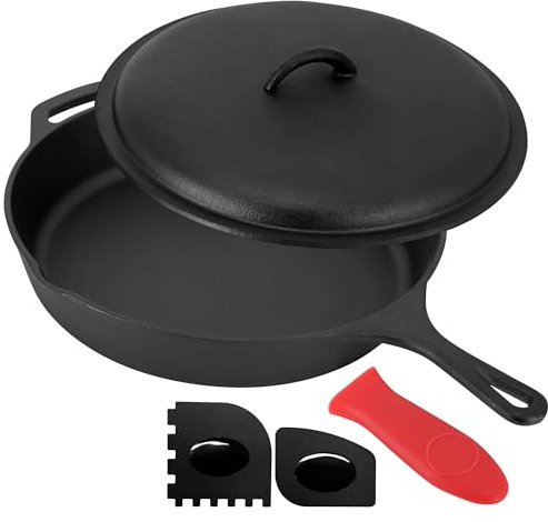 Megachef 12 Inch Pre-Seasoned Cast Iron Skillet with Cast Iron Lid