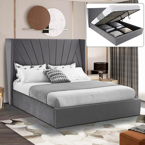 Generic Double 4ft6 Ottoman Storage Bed with Mattress Included, Velvet Upholstered Gas Lift Up Bed Frame with Storage, Dark Grey