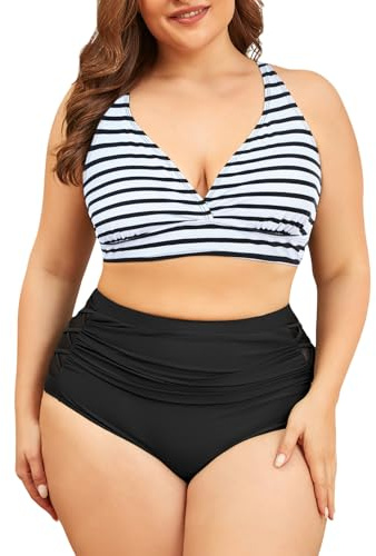 PONCEAU Bikini Damen Set Bauchweg High Waist - Push Up Bikini Oberteil für Große Brüste V-Ausschnitt Große Größen Plus Size Curvy Bademode