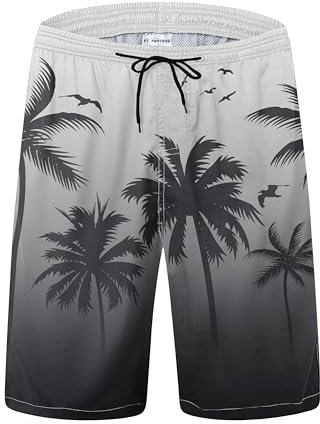 Costume da bagno da uomo ad asciugatura rapida, con fodera in rete, traspirante, vestibilità hawaiana, costume da bagno, Nero Grigio Palmo, X-Large