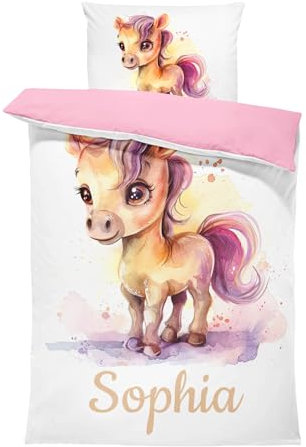 Pictogogo Pferde-Design Kleinkindbettwäsche für Mädchen und Jungen, Personalisiert, Wählbare Unterfarbe (Weiß, Rosa, Blau, Grau), Oeko-TEX, 100 x 135 cm
