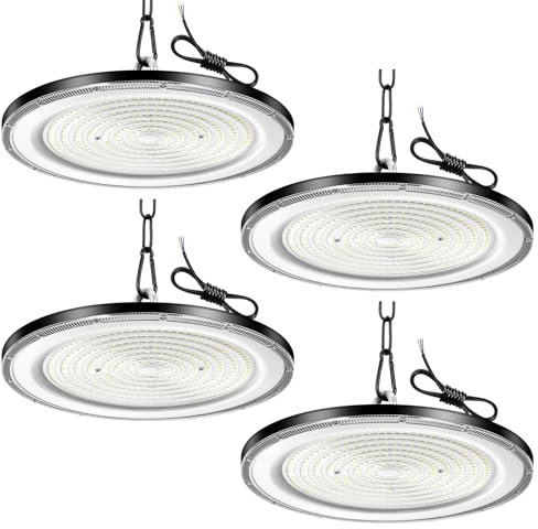 Viugreum 4 Paquetes de UFO LED 500W, Proyector LED exterior 50000LM, Blanco Frío 6500K, AC 85-265V IP65 Impermeable Iluminación de Taller, Led Industrial UFO con Cadena para Fábrica Taller Gimnasio