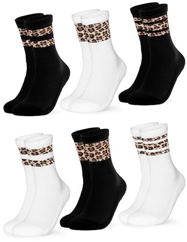 Occulto Damen Leoparden Muster Tennis Socken 6er Pack (Modell: Nala) Schwarz Weiß 35-38