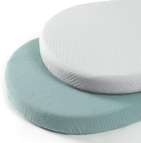 lulumoon Musselin Stubenwagen Spannbettlaken Set: Kinderwagen Matratzenbezug für Beistellbett und Wiege 100% Baumwolle 90x40cm 2er Pack (Grau Grün)