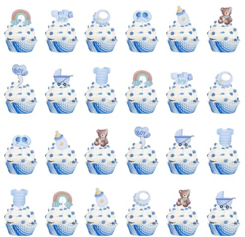 27 Stück Babyparty Tortendeko Taufe Junge,Baby Cupcake Topper, Boy Deko Kuchen,Baby Shower Tortendeko Gender Reveal Party, Muffin Deko Blau für Taufe, Shower,Babyparty