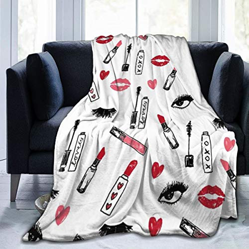 ODHHGDF Flanell-Fleece, modische Überwurfdecke, Make-up-Druck, Mascara, Schönheit, Lippenstift, Wimpern, Mädchen, Decken für Winter, Büro, dekorativ, Klimaanlagendecke und groß, pflegeleicht, 152,4 x