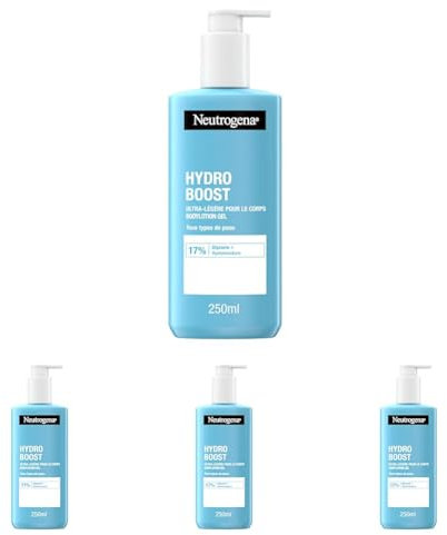 Neutrogena Hydro Boost ultra-leichte Formel Bodylotion Gel (250 ml) für geschmeidige Haut, erfrischende Körperlotion mit 17% Glycerin + Hyaluronsäure für alle Hauttypen (Packung mit 4)
