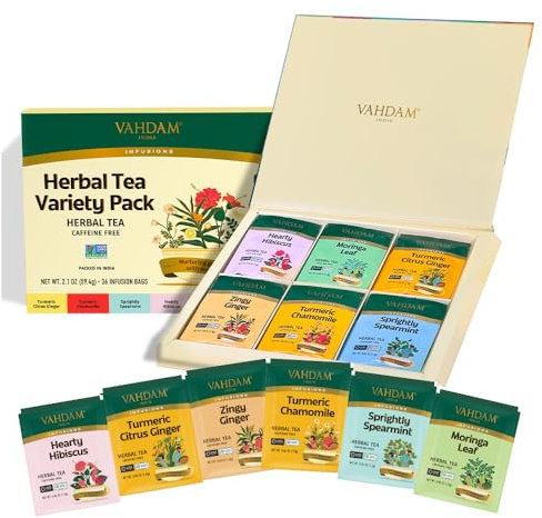 VAHDAM Set Degustazione Tisane | 36 Filtri, 6 Gusti | Curcuma Agrumi Zenzero, Curcuma Camomilla, Ibisco, Moringa, Menta Verde, Zenzero | Senza Caffeina e Non OGM | Idee Regalo Donna e Uomo