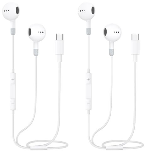 Auriculares USB C iPhone 16, 2Pack Auriculares con Cable Tipo C In-Ear Cascos con Micrófono Control de Volumen Compatible con iPhone 16/15 Plus Pro Max/iPad Pro Air Mini/Samsung S24 S23 S22 Plus Ultra
