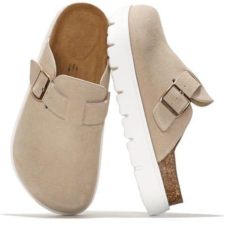 Project Cloud 100% Genuine Leather Platform Clogs for Women Footwear - Memory Foam Arch Support Cork Footbed Casual Shoes & Mules for Women 2026 (Benton Chunky, BEIG, 8.5)