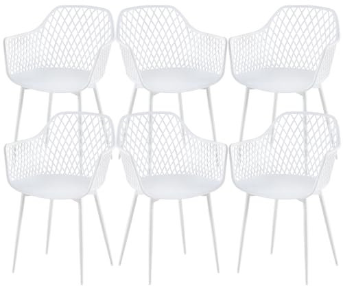 buybyroom Lot de 6 chaises de salle à manger avec accoudoirs, pieds en métal, dossier ergonomique, large coque, capacité de charge 120 kg, blanches