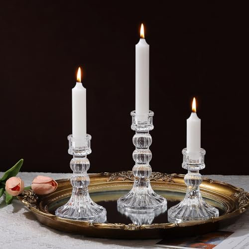 Lewondr [3 PCS Bougeoirs en Verre, Chandelier avec Base Ronde, Support Stable pour Bougie Conique, Décoration Table Bougeoirs au Design Rayé Vertical pour Fête Maison Mariage, Clair