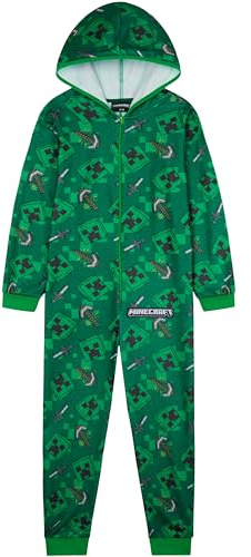 Get Trend Minecraft Onesies for Boys & Teens 7-14 Years, Hooded Fleece Loungewear, Jumpsuit Pyjamas, Gamer Gifts for Boys (9-10 Years, Green Hooded Minecraft)