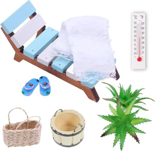 Miniatur Deko Sauna Zubehör Set,Wellness Deko Zubehör,Mini Strandkorb Korb Hausschuhe Eimer Badetuch,DIY Deko Mini Gartenmöbel,Miniatur Wichtel Zubehör,Mini Puppenhaus Zubehör